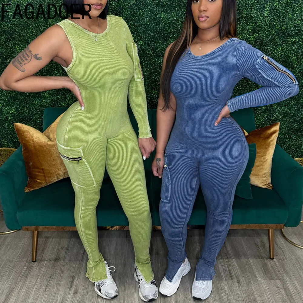 Fagadoer Fashion Hoge Kwaliteit Ribber Elasticiteit Bodycon Jumpsuits Vrouwen Een Schouder Lange Mouw Cargo Side Rits Slanke Playsuit