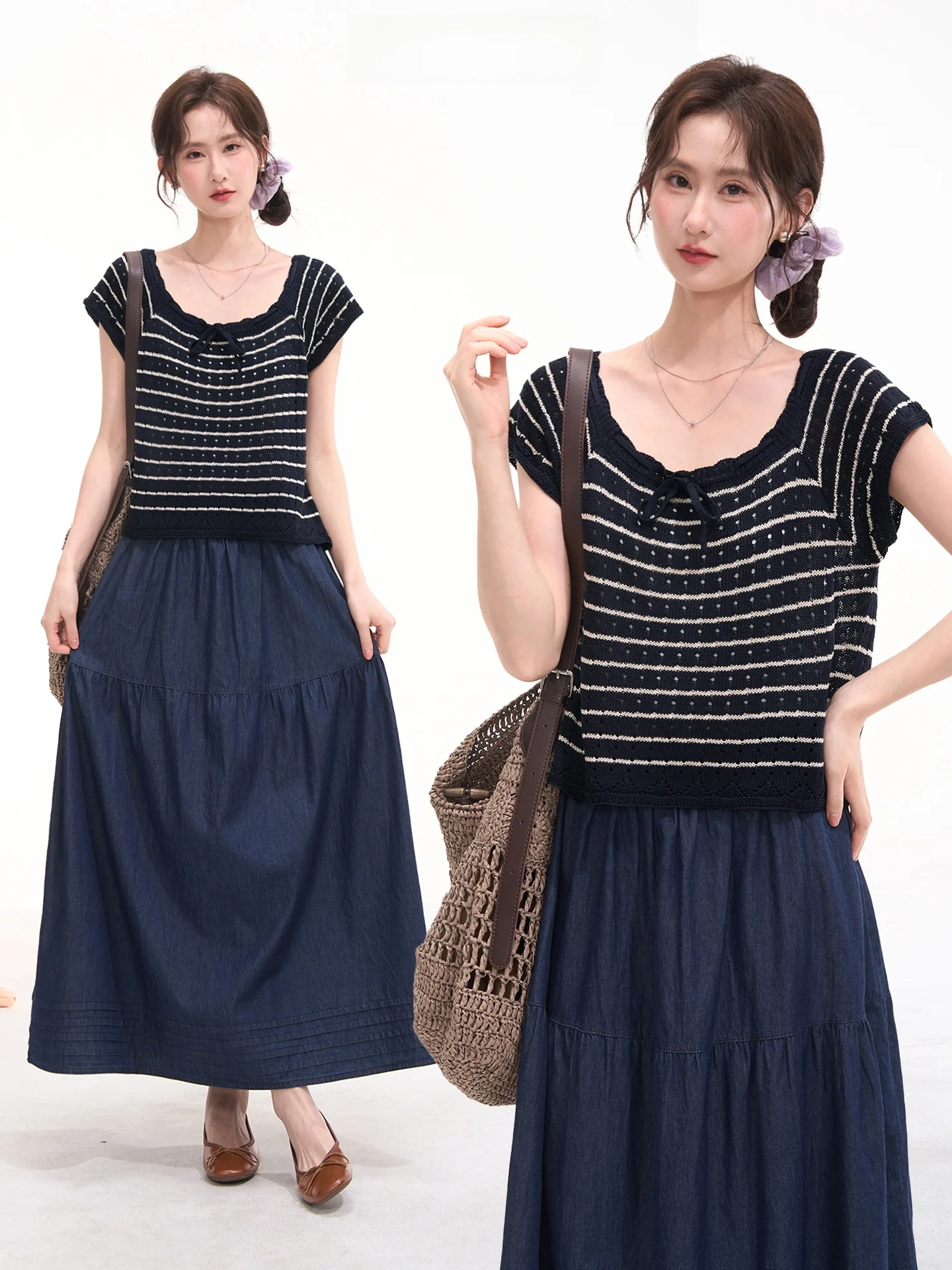 

Женская вязаная рубашка Tie-Me-Du с коротким рукавом, повседневный стиль, ажурная, в полоску, простой дизайн, топ с цветочным узором, корейский стиль