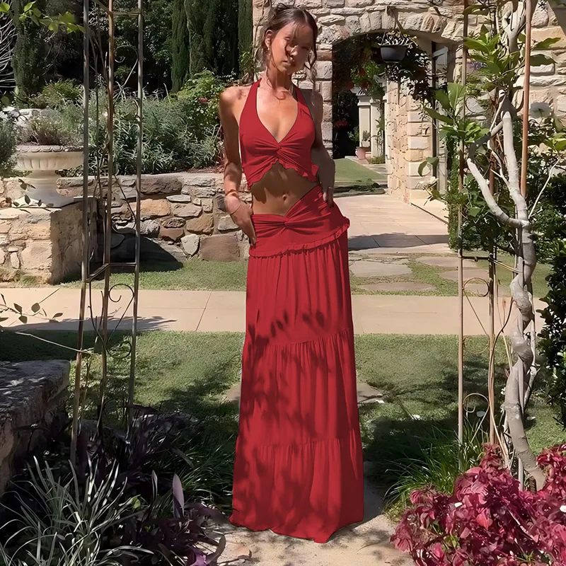 

Solid V-neck Hanging Neck Strap Top Long Skirt Two-piece Set Women Casual Fashion Sleeveless High-waist Pure Color