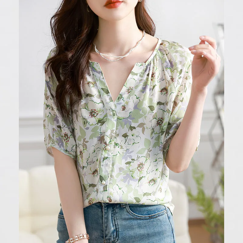 2024 Summer Floral Aesthetic Casual Loose Women's Clothes Y2K Short Sleeve V Neck Elegant Fashion Printretro Retro Kawaii Tpos