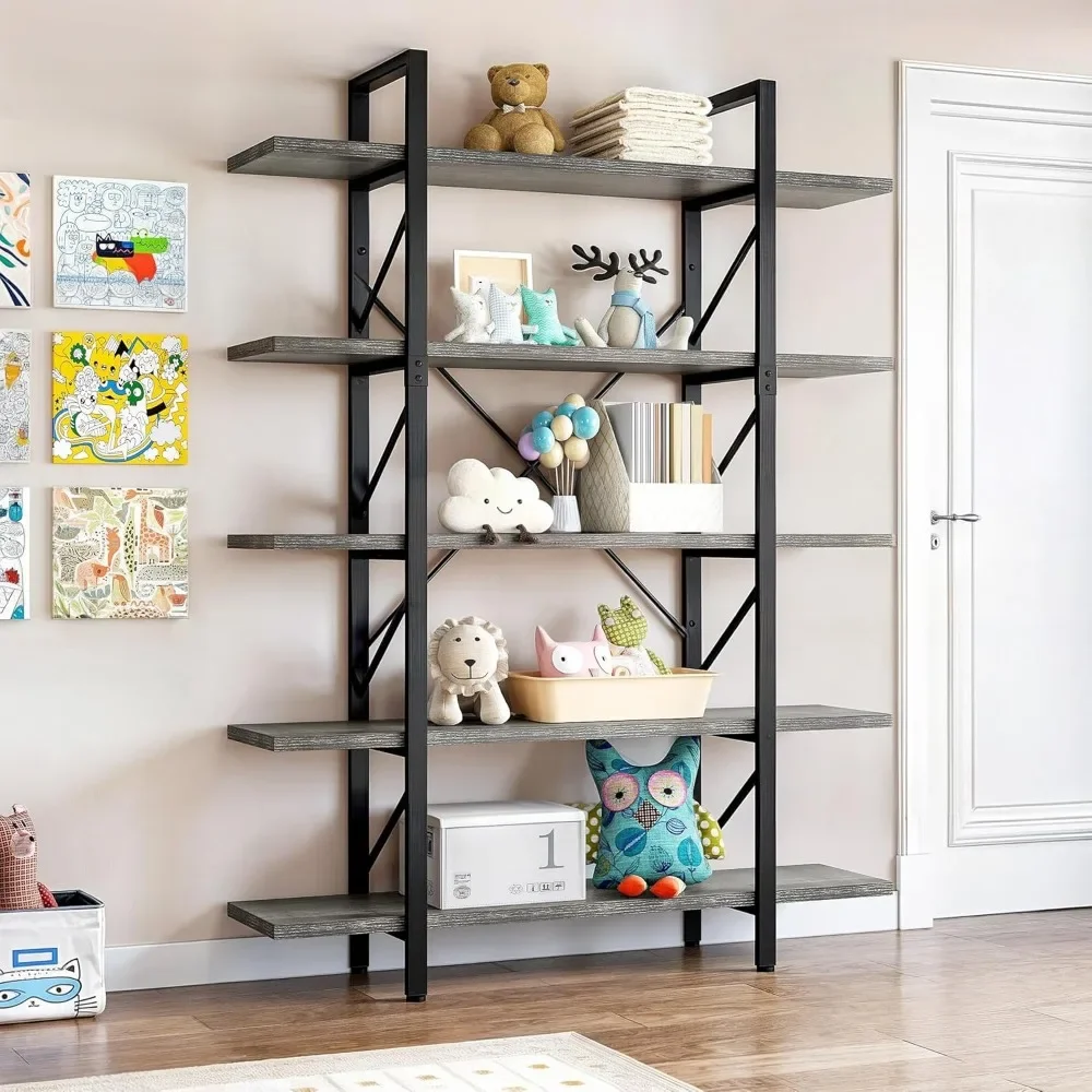 

Large Industrial Shelf Storage Organizer, Free Standing Shelving Unit, Easy To Assemble, Bookshelf, 5 Tier Bookcase