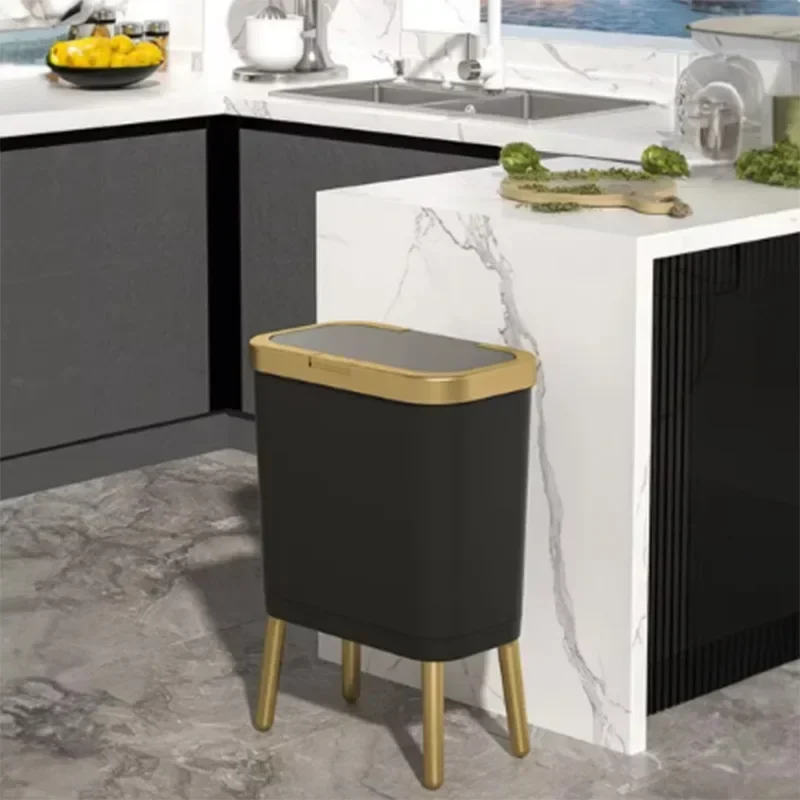 15L Press Type Waste Bin Nordic Trash Can with High Legs Narrow Slit Waste Basket with Lid Kitchen Bedroom Toilet Garbage Bins