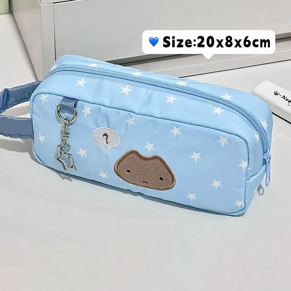 Bolsa para bolígrafos azul multifuncional con diseño de gato y estrella, estuche para lápices de gran capacidad, organizador de papelería portátil de mano, regalo