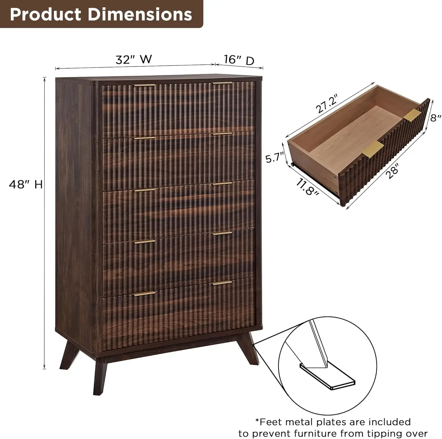[Limited Time Offer + Free Shipping!]Fluted 5 Drawers Dresser, 48" Tall Modern Chest of Drawers, Curved Profile Design, Wood Dra