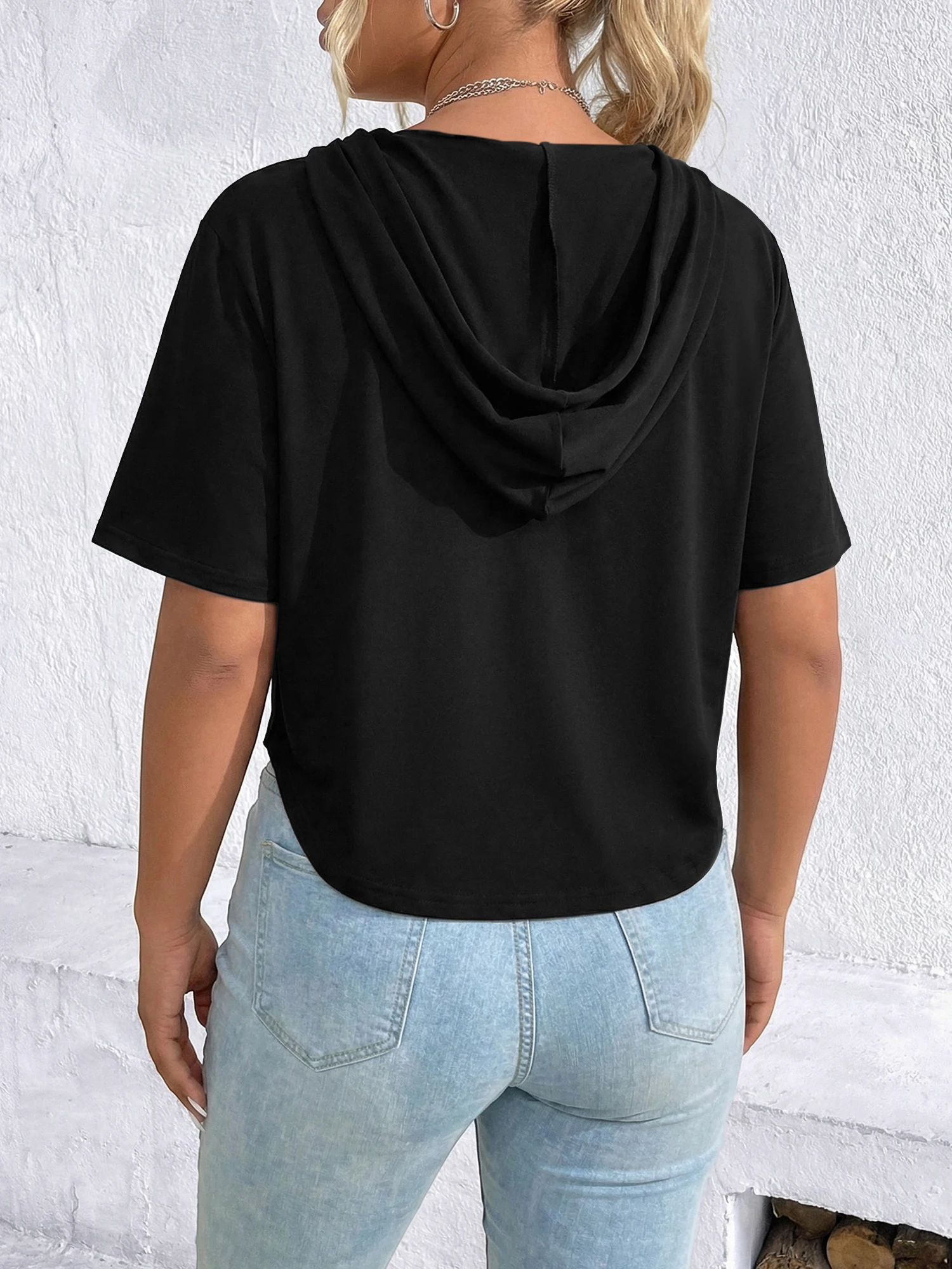 Women Trendy Ring Pull Half Zipper Short Sleeve Hoodie Curved Hem Cropped Top Drawstring Hood Loose Summer Street Blouse Shirts