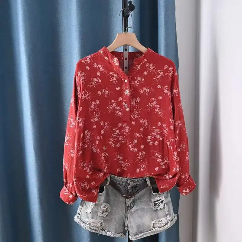 

2025 Middle aged women clothing 100% cotton yarn red yellow white print shirts long sleeve blouses for women spring tops