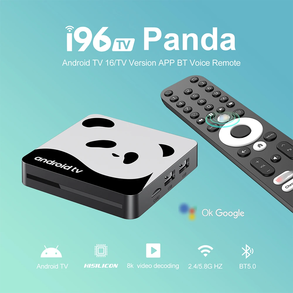 I96 Panda Smart TV Box Android 16 4+64GB 8K H.265 Decode 4K Streaming Quad-Core Voice Remote BT5.0 Supports Netflix & YouTube