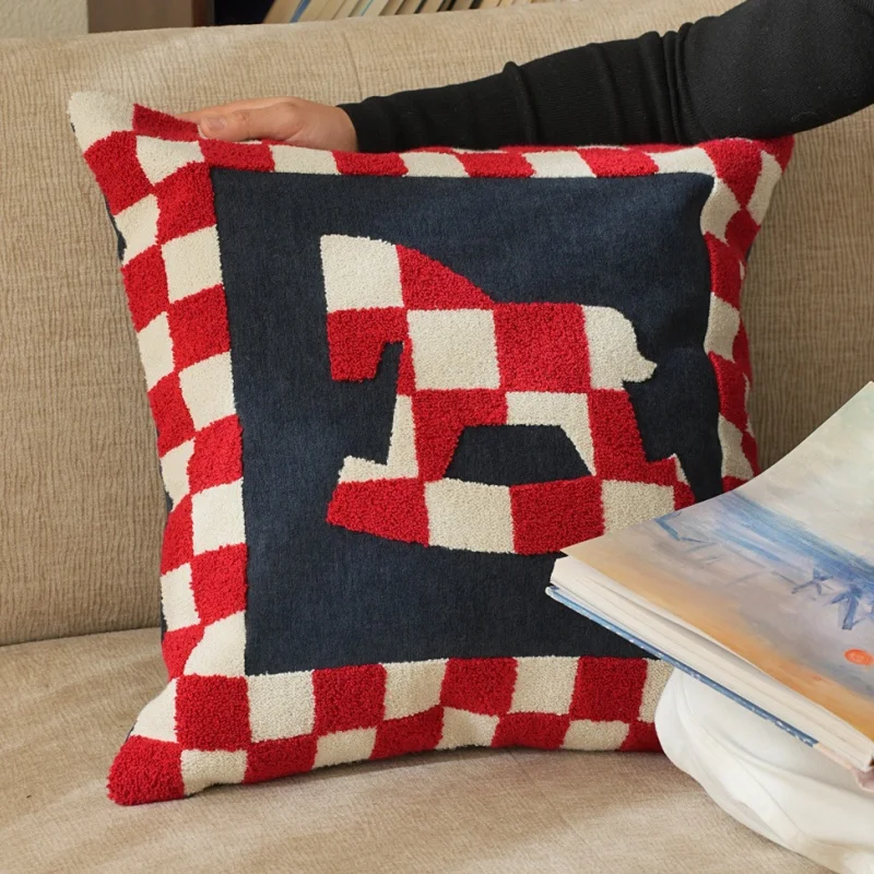 Retro Checkerboard Horse Pattern Tufted Pillow Cover | Red & Navy Plush Cushion Case | Cute Nordic Style Sofa Bedroom Decor