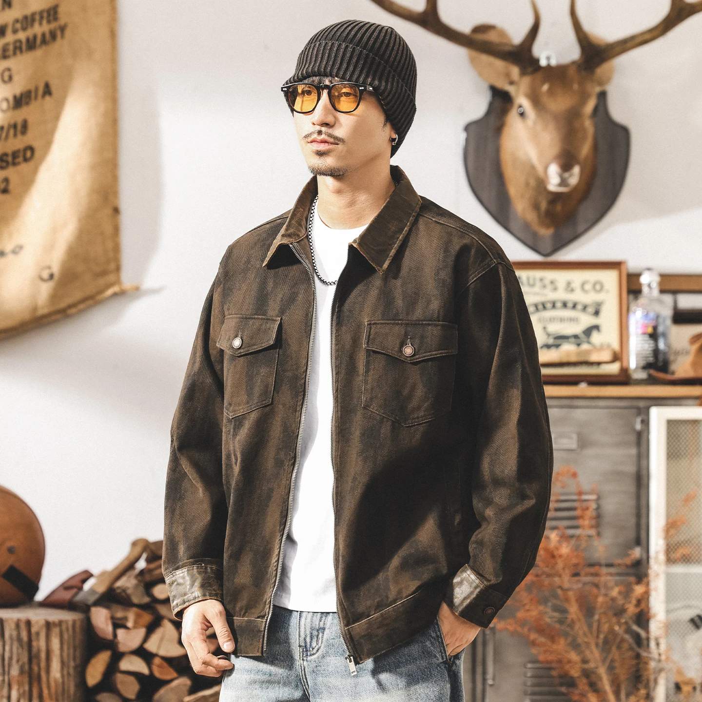 

Men's Spring and Autumn new retro heavyweight soil-dyed work jacket loose trendy jacket