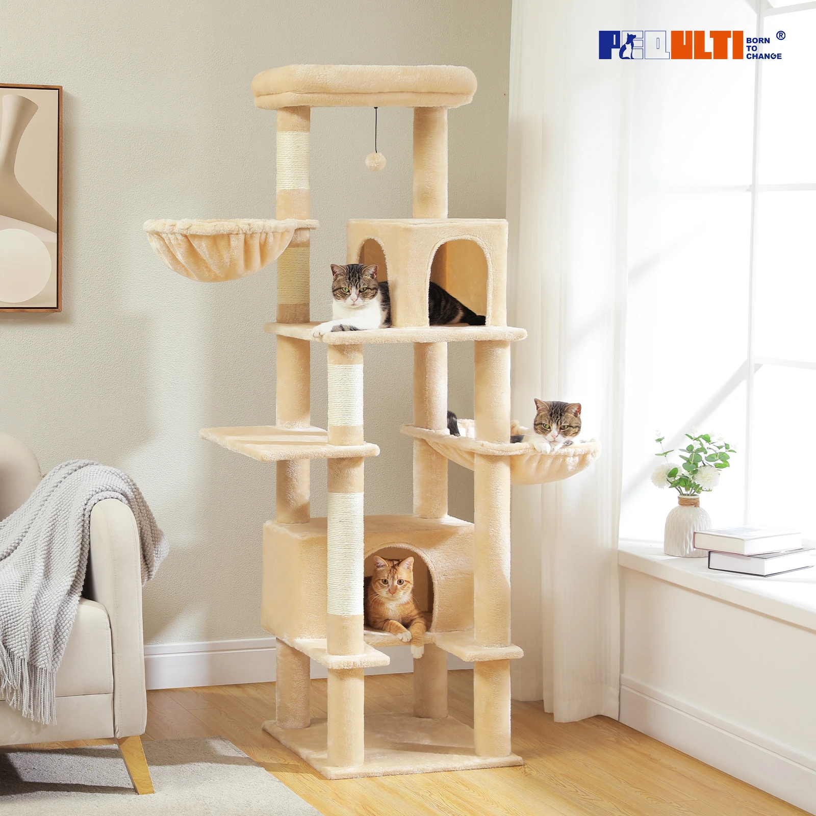 Cat Tree with Super Large Metal Hammock, 2 Big Comfortable Condos and Sisal-Covered Scratching Post for Indoor Cats Large Adult