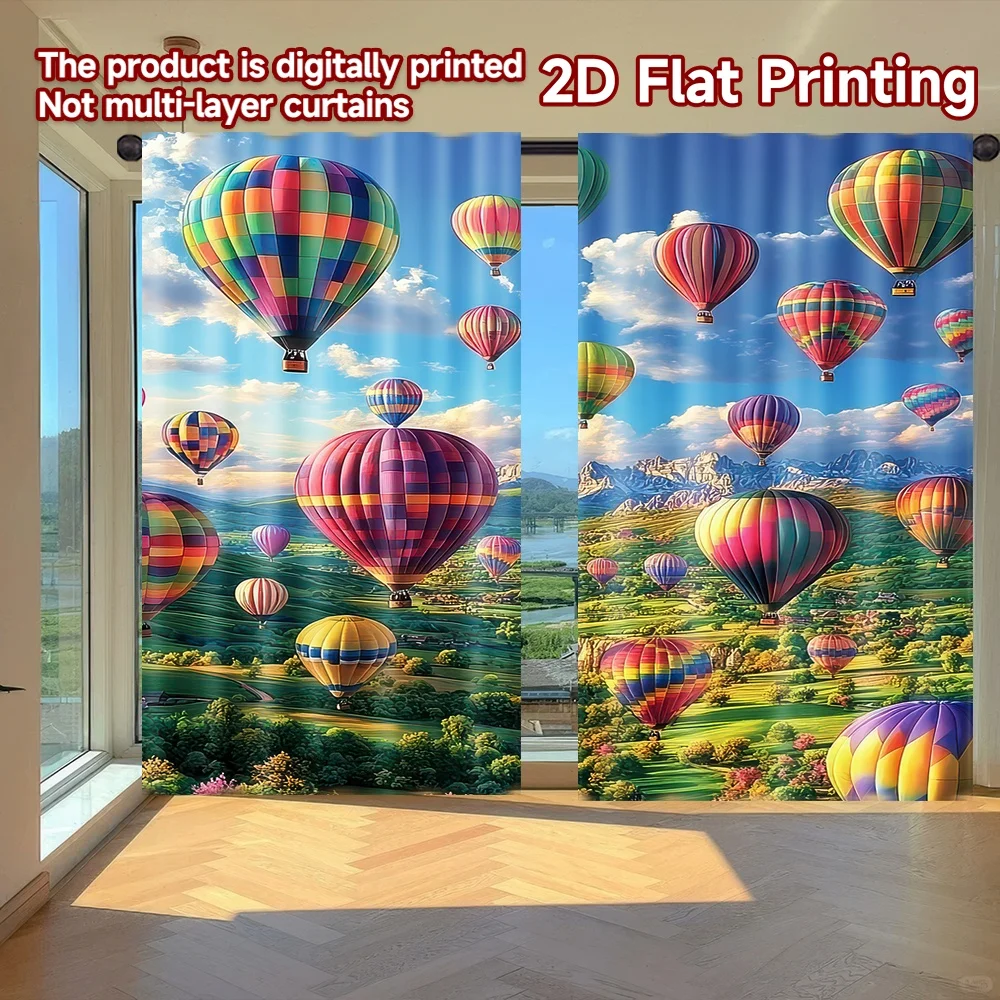 

2D flat printing 2pcs Party Curtains Colorful Hot Air Balloons Digital Printed Polyester Drapes Festive Holiday Use for New Year