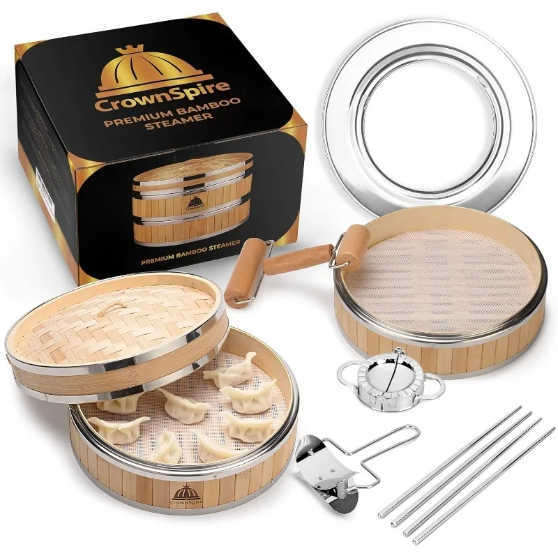 2 Tier Bamboo Steamer  Bamboo Steamer Basket with Reusable Silicone Liner  Food Dim Sum Kit for Cooking Baby Bao Bun, Rice