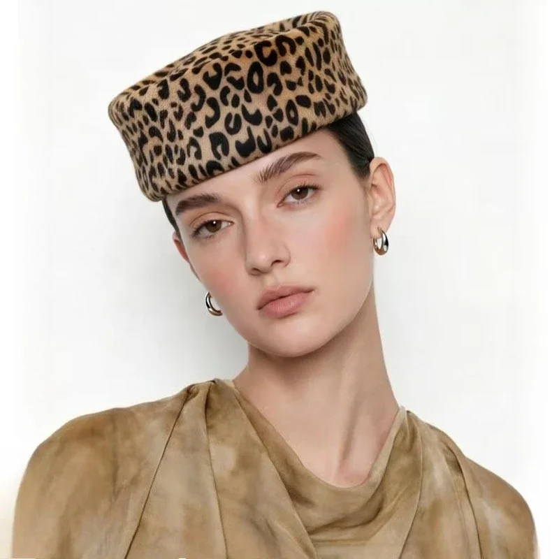 2026 Hot Pink Felt Leopard Round Beret for Women Fashion Female Hat French Top Cap Ladies Wedding Painter Pillbox Fascinator Hat