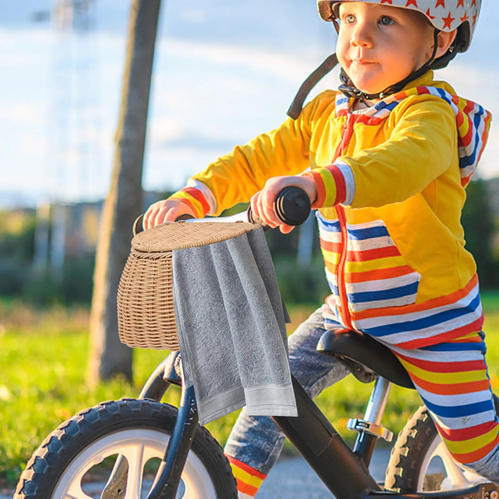 

1Pcs Childrens Bike Basket Rattan Front Basket for Kids Bicycles Scooters Storage Container Snacks Water Bottle Towel Organizer
