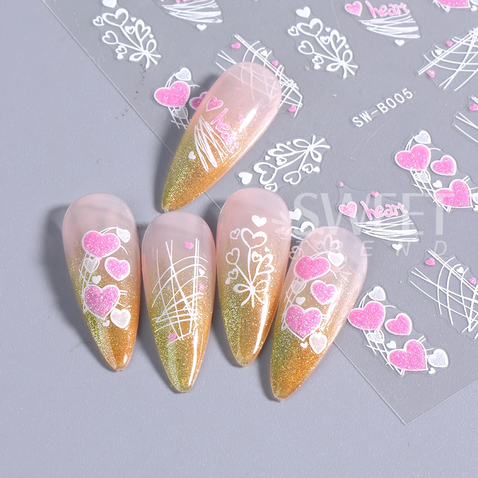 3D Nail Stickers Glitter Heart Love Self-Adhesive Slider Nails Art Valentine's Day Decals DIY Manicure Accessories Decorations