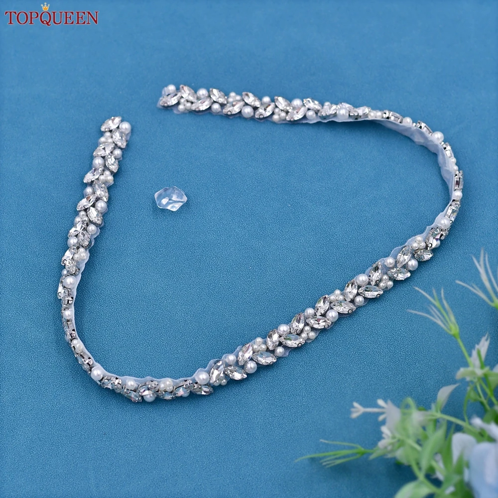 TOPQUEEN Handmade Bridal Thin Belt Wedding Accessories Rhinestone Pearl Long Patch Party Sash For Women S383-S