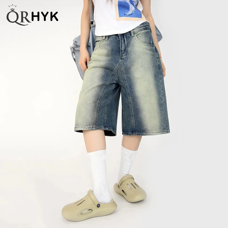 

Retro Blue Baggy Jean Shorts Womens Wide Leg Pants High Waist Casual Knee Length Oversized Jorts Barrel Jeans Denim Shorts