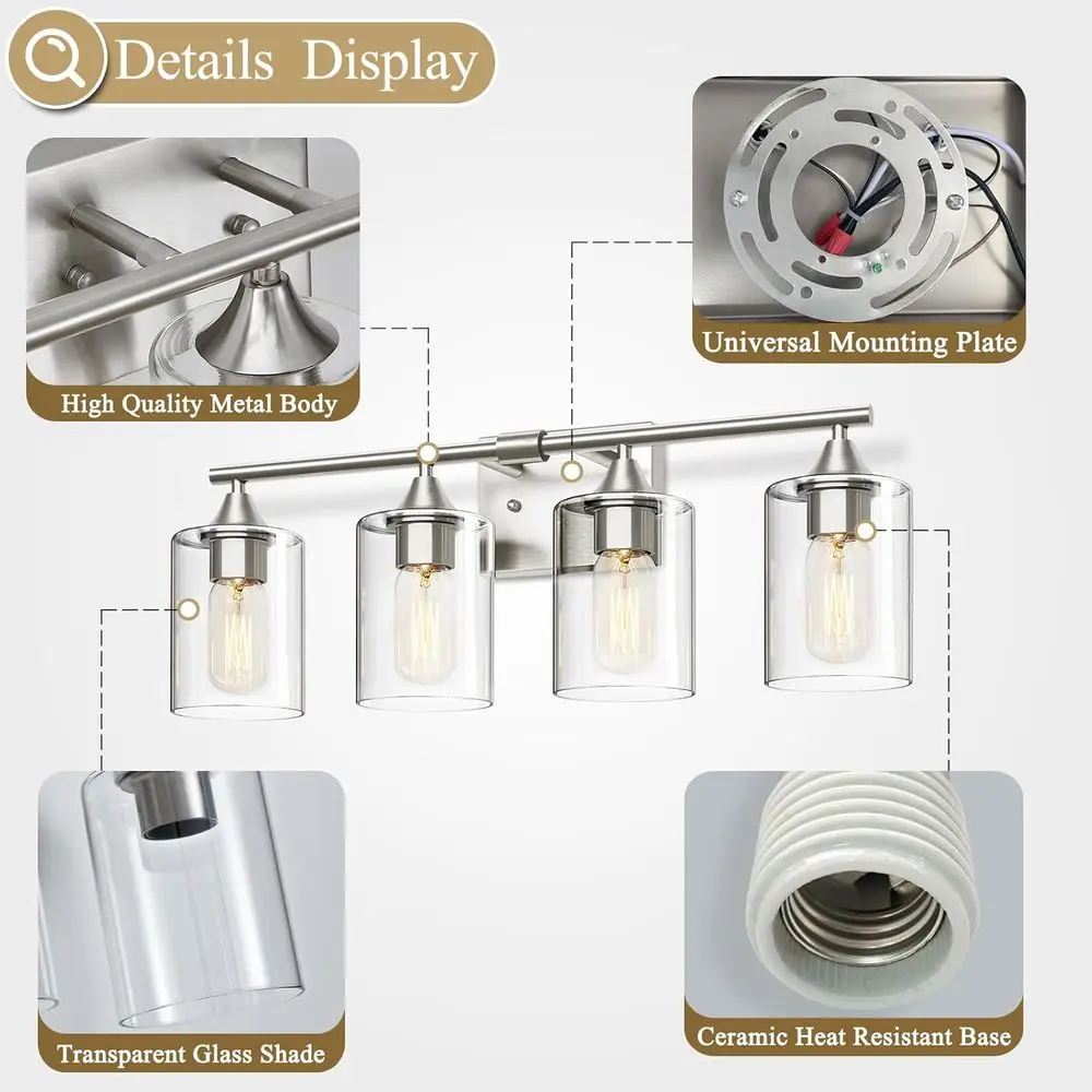 Toeletta moderna a 4 luci in nichel spazzolato per bagno, applique da parete, specchi, camere da letto, soggiorni e corridoi