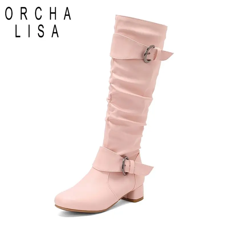 

ORCHA LISA 2025 New Sweet Female Knee High Boots Round Toe 3.5cm Block Heel Zipper Belt Buckles Plus Size 47 48 Dating Tall Bota