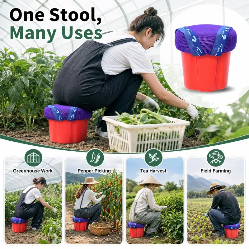 Heavy Duty Portable Farm Stool, Wearable Picking Seat with Breathable Cushion and Reinforced PP Base for Pepper Tea Harvest Work