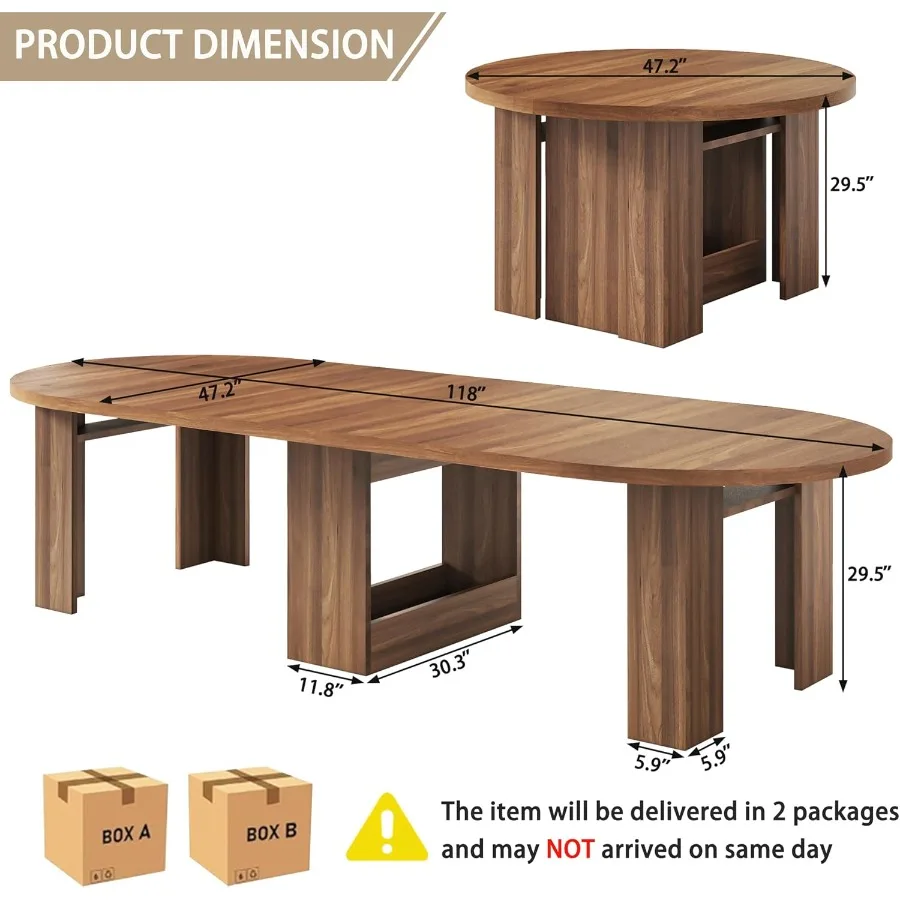 Farmhouse extendable round to oval dining table for 4-12, walnut finish, solid wood, smooth extension mechanism, versatile rust