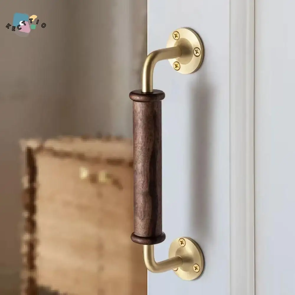 

Solid Wood Walnut Wood Handle Light Luxury Brass Handle Vintage Decor Brass Base Cabinet Handles Wall Cabinet