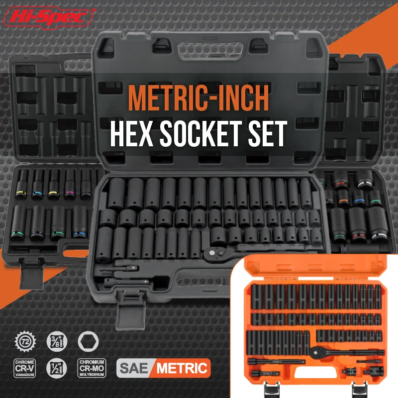 

Hi-Spec 3/8" Metric Imperial Socket Tool Set 72-Tooth Ratchet Handle For Wrench Adapter Pneumatic Long Socket Nut Driver Bit Set