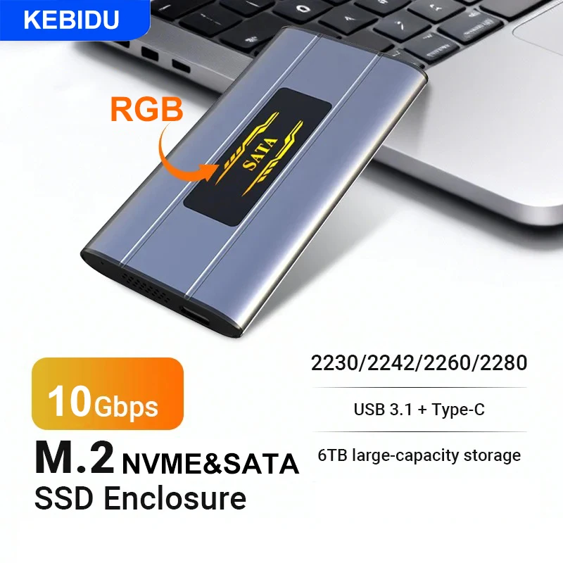 

Корпус для SSD-накопителя KEBIDU M.2 NVME SATA, 6 ТБ, 10 Гбит/с, высокоскоростной USB 3.1 Type-C адаптер, RGB, NGFF SSD, внешний корпус из алюминиевого сплава