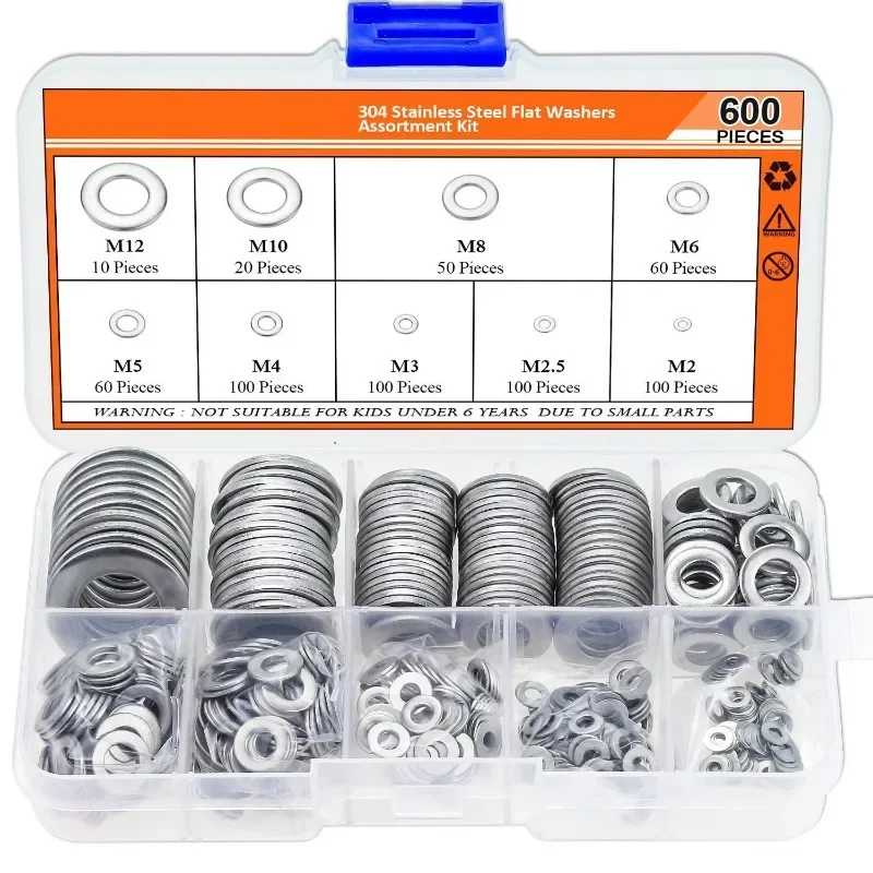 Washers 304 Stainless Steel Pressure Washers Flat Gasket Combination Set 600PCS Multi-specification Ring Sets for M3 M4 M5 M6 M8