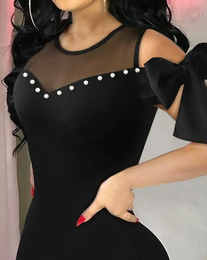 2024 Fashion Hot Selling Cold Shoulder Beaded Bow Design Tight Mesh Patch Women's Mini Dress