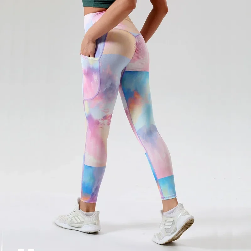 Damskie bezszwowe legginsy treningowe Tie Dye kieszeń z wysokim stanem sportowe legginsy nowe seksowne rozciągliwe spodnie do joggingu Fitness