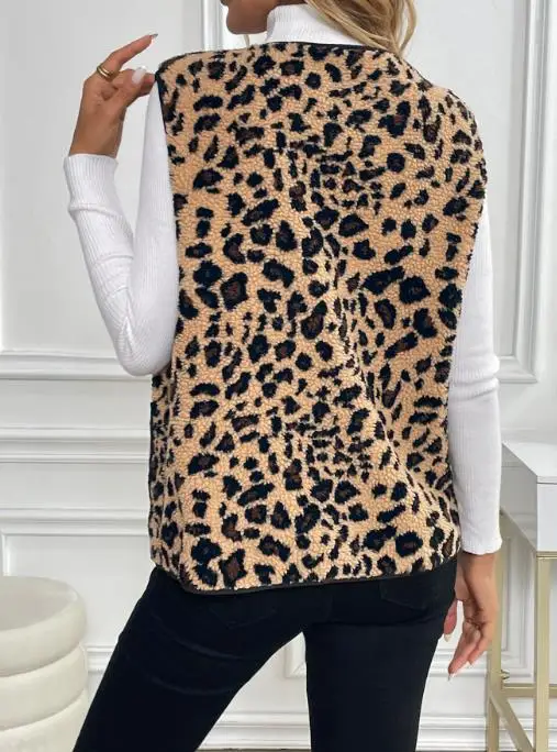 Nuovo gilet senza maniche in peluche con stampa leopardata autunno e inverno per giacca gilet in peluche senza maniche calda a tubo dritto casual da donna
