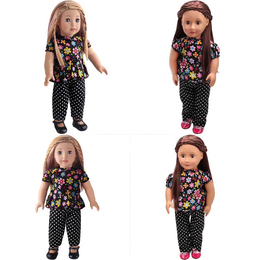 18 inch doll Girl Black Floral Set doll Two-Piece Set Top and Pants with Polka Dot Floral Elements doll Clothing Decoration doll