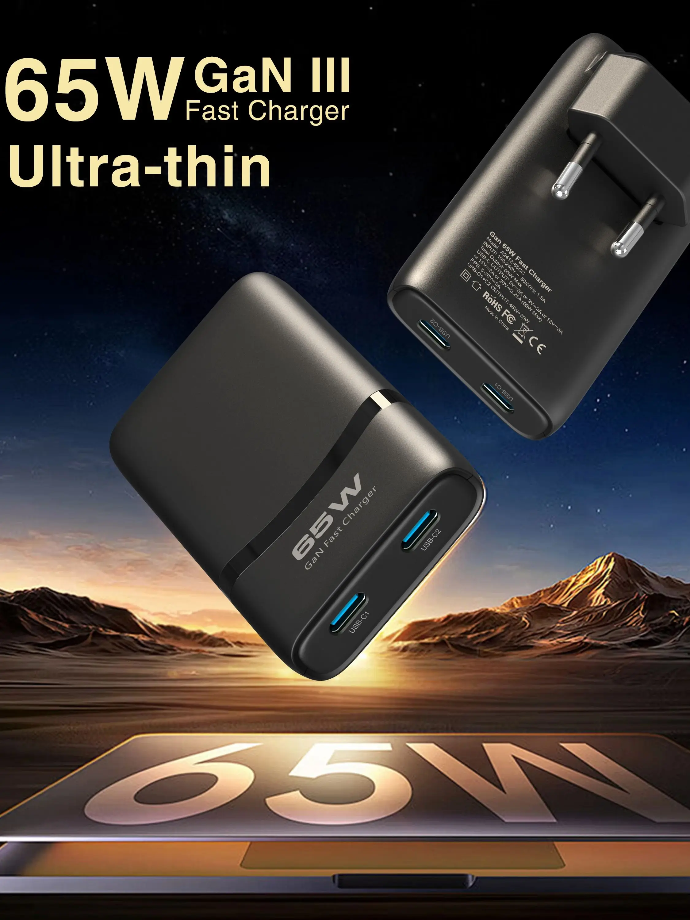65W Flat GaN USB C Ladegerät Dual-Port Schnelles Wandladegerät Kompaktes Netzteil mit faltbarem Stecker für Mobiltelefone