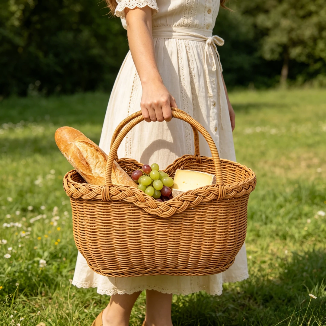 Rattan Style Shopping Basket Woven Tote Double Reinforced Handles For Grocery Picnic Fruit Vegetable Kitchen Storage Organizer view 4