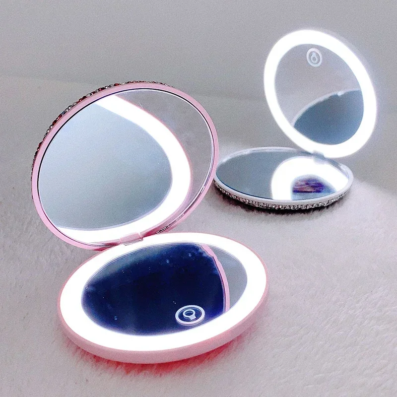 Rhinestone Makeup Mirror LED Chargeable Two-side Fold Round Portable Travel Pocket Mirror Handheld Vanity Glass Touch Screen
