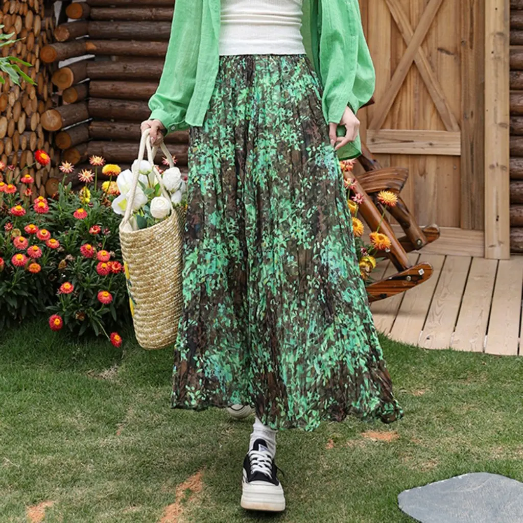 

Yuan Su High Waist Floral Pleated Skirt for Women Summer Wizard of Oz Theme Slimming Wrinkle A-Line All-Match Large Skirt