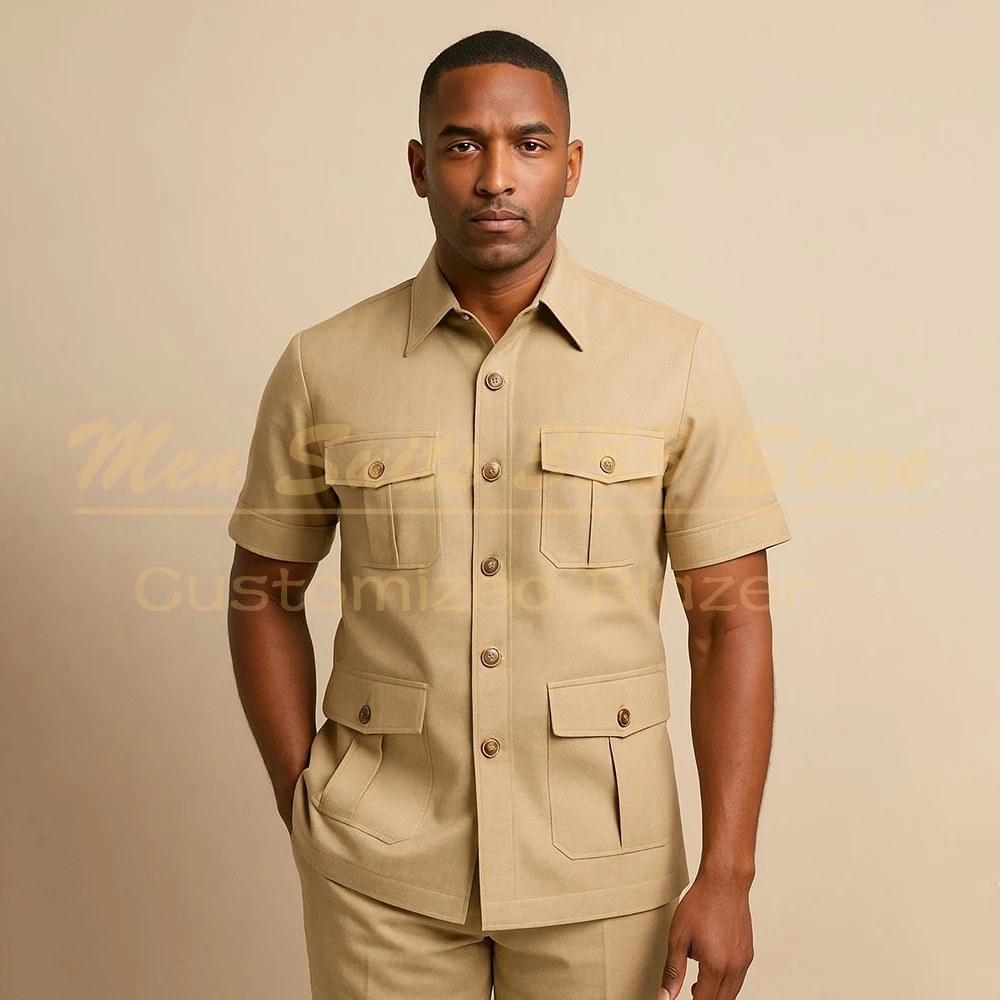 

Safari Solid Color Men's Suits Fashion Short Sleeve Stand Lapel Regular Length 2 Piece Jacket Pants High Quality Male Clothing