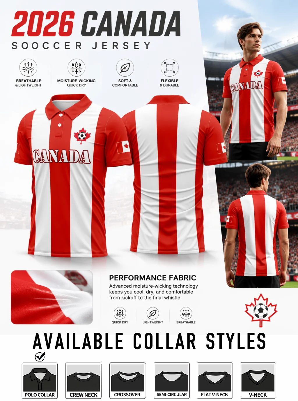 2026 Canada soccer polo jersey, classic red‑white vertical stripe, maple‑leaf football logo, quick‑dry performance fabric