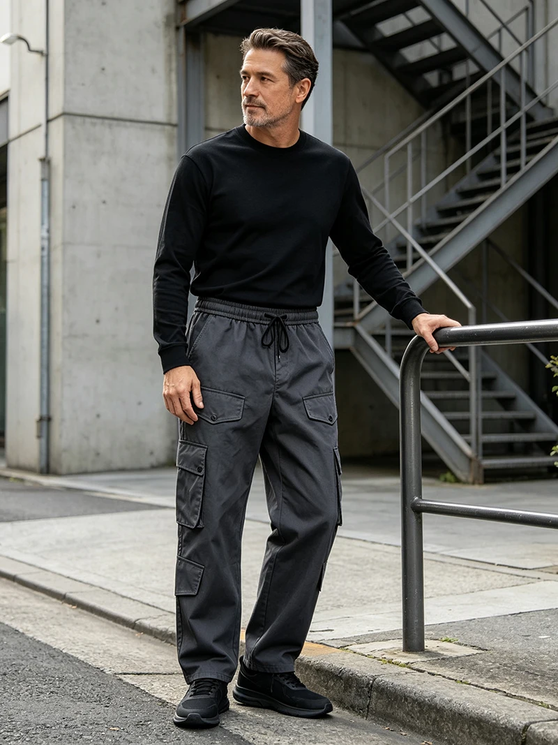 Herren Cargo-Hosen mit elastischem Bund, Kordelzug, mehreren Taschen, normaler Passform, geradem Bein, lässige Frühlings- und Herbst-Outdoor-Streetwear-Hosen – Detail 14
