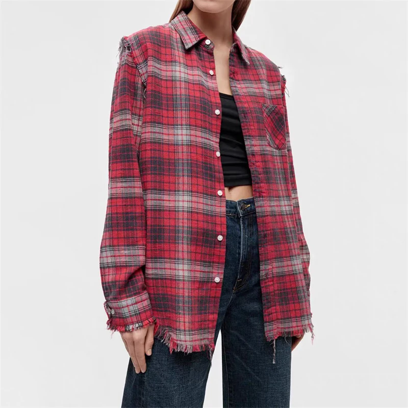 เสื้อเชิ้ตลายสก็อตคอปกสีตัดต่อสำหรับผู้หญิงคอลเลคชั่นฤดูใบไม้ผลิใหม่ เสื้อแจ็คเก็ตเชิ้ตแฟชั่นลำลองคุณภาพสูงสไตล์วินเทจแต่งพู่