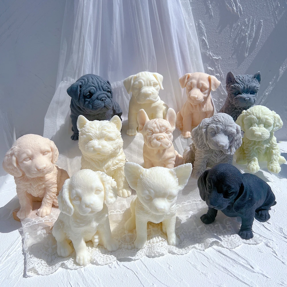 12 diverse razze cuccioli candela stampo in Silicone 3D animale carino cucciolo statua cera di soia stampo amante del cane regalo decorazioni per la casa stampi