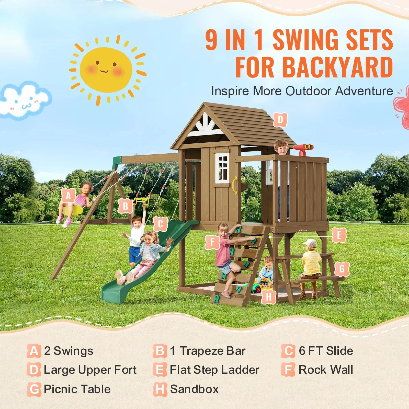 

Wooden Swing Set 9/10 IN 1 Outdoor Playground Sets For Backyards 2 Swings Trapeze Bar 6 FT Slide Large Upper Fort