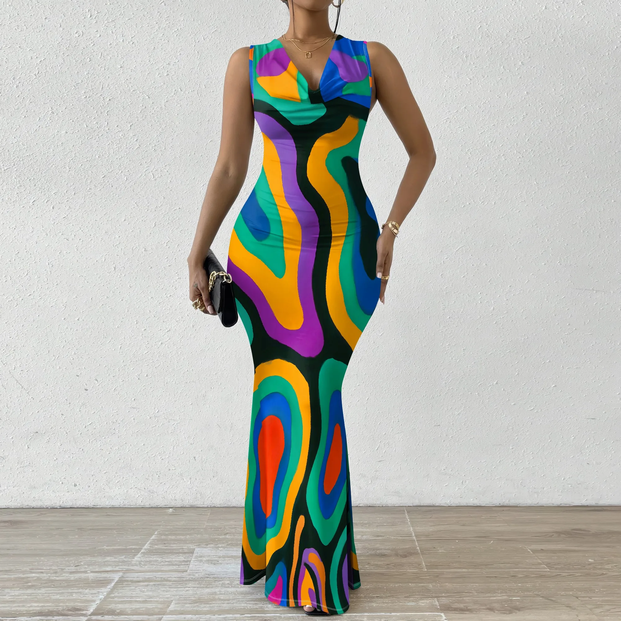 

Colorful Swirl Print Dress XS-2XL Sleeveless V-Neck Bodycon Mermaid Style for Retro Party, Art Show or Summer Festival Look