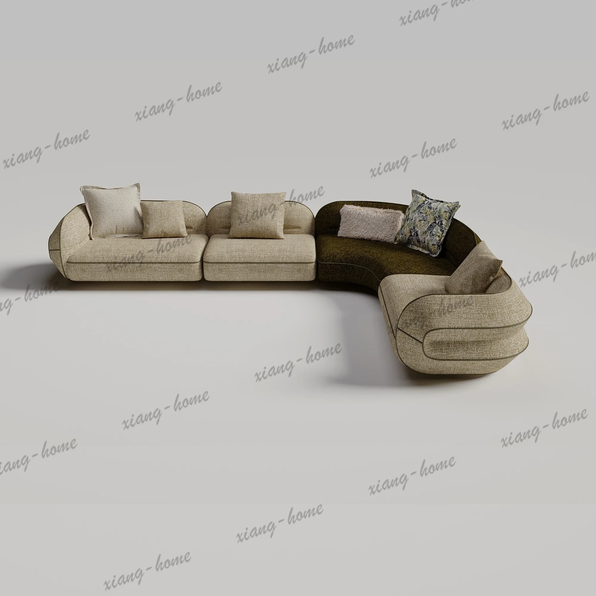 PG Blush Pink Slub Tweed Curved Modular Sectional Sofa L Shaped With Ottoman Cylinder Armrest Deep Seat For Living Room