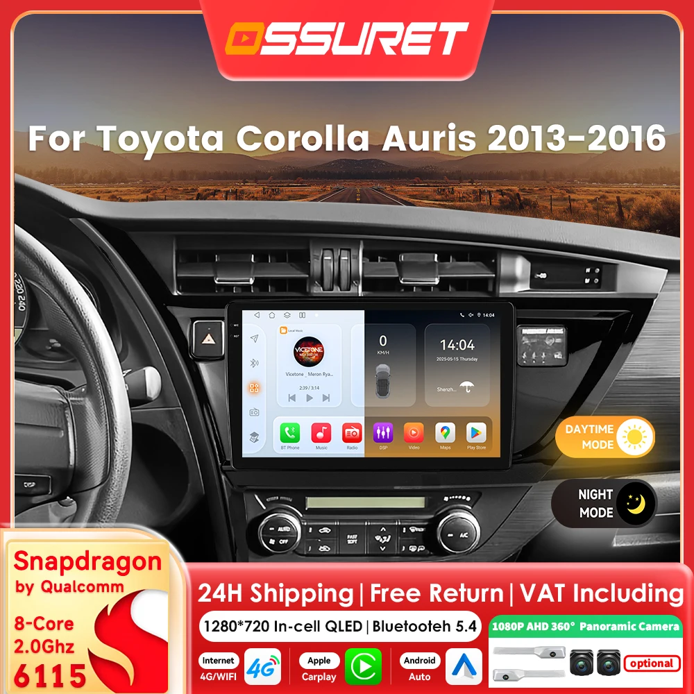 Autoradio Carplay Andorid14 pour Toyota Corolla Auris 2013-2016 Autoradio par Snapdragon 6115 lecteur multimédia 360 caméra écran GPS