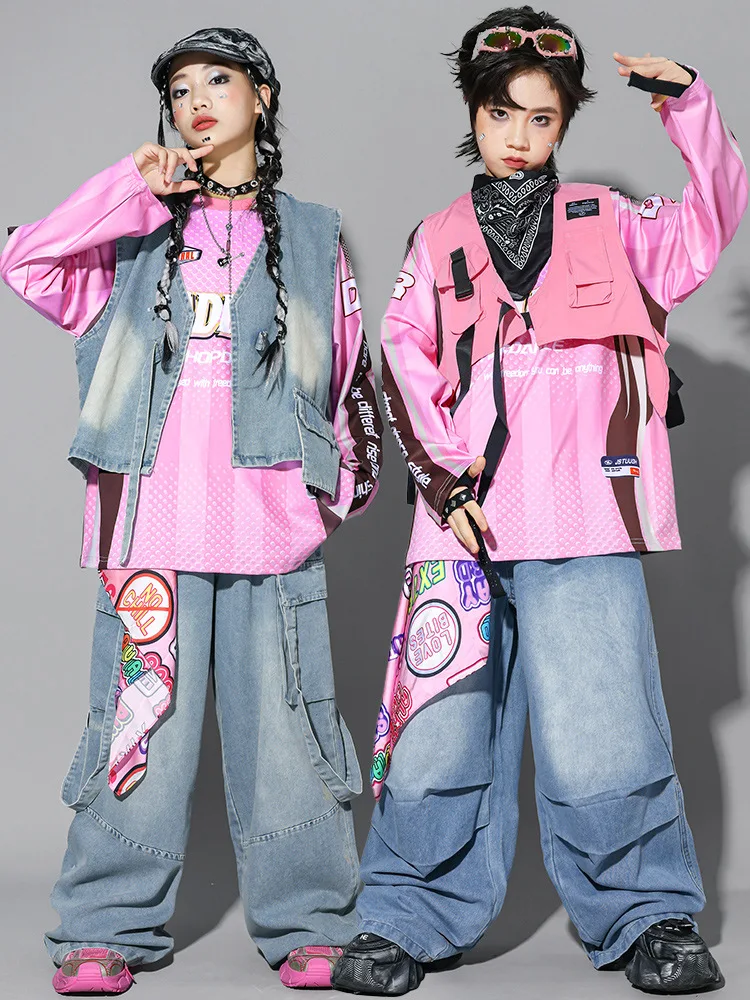 Kinder-Streetdance-Auftrittsoutfit Jungen Hip-Hop Denim-Kleidungsset Atmungsaktive Polyesterfaser Rundhals-Print-Design – Detail 7