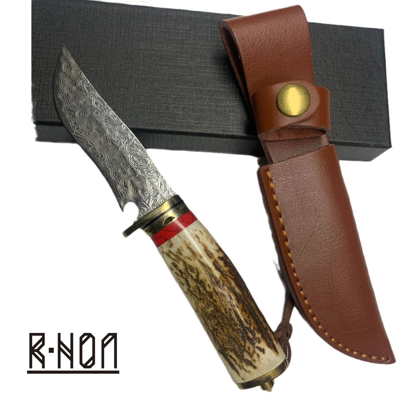 RHON 3.74inch VG10 Damascus Steel Fixed Blade Outdoor Survival Hunting Straight Knives with Nature Deer Antlers Handle Sheath