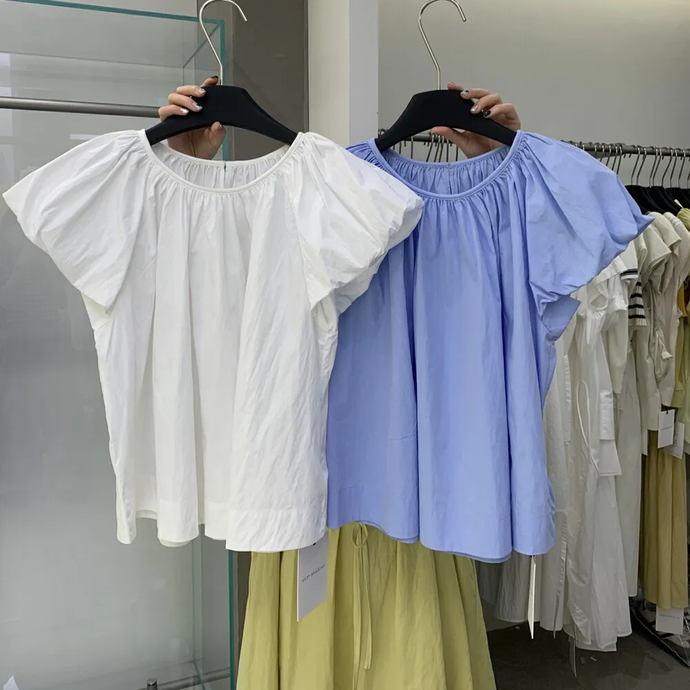 

BONFWME Original Design Summer 2025 Korean Sle Pleated Flng Sve irt Versatile Women's Faion Casual Cotton Blend
