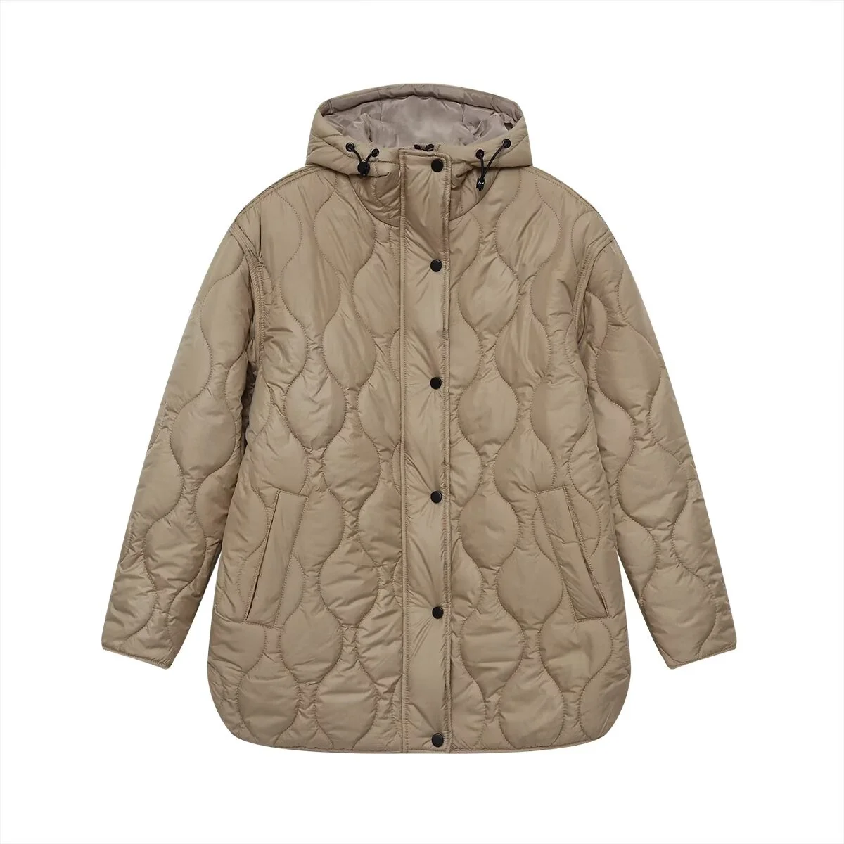 سترة نسائية غير رسمية جديدة لخريف 2025 بتصميم متوسط إلى طويل وياقة واقفة وجيب مزخرفة بغطاء للرأس سترة قطنية مقاومة للماء #2